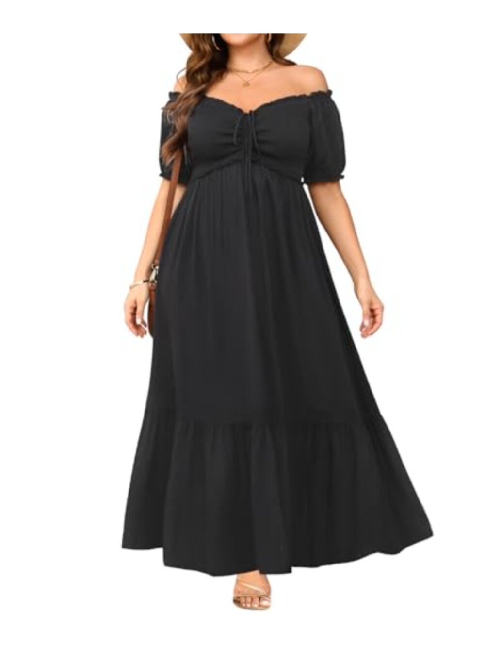 Plus Size Off Shoulder Puff Sleeve A-Line Boho Maxi Dress